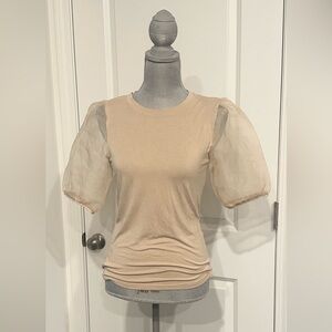 Tan Crew Neck Puff Sleeve Blouse